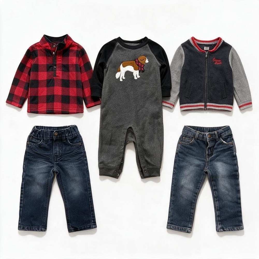 Koala Kids Baby 12M 12-18M 5 Piece Bundle Plaid Fleece Jeans Cardigan Romper